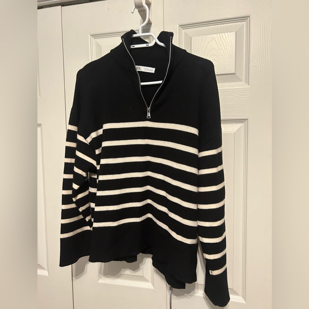 Zara Striped 3/4 Zip Knit Sweater